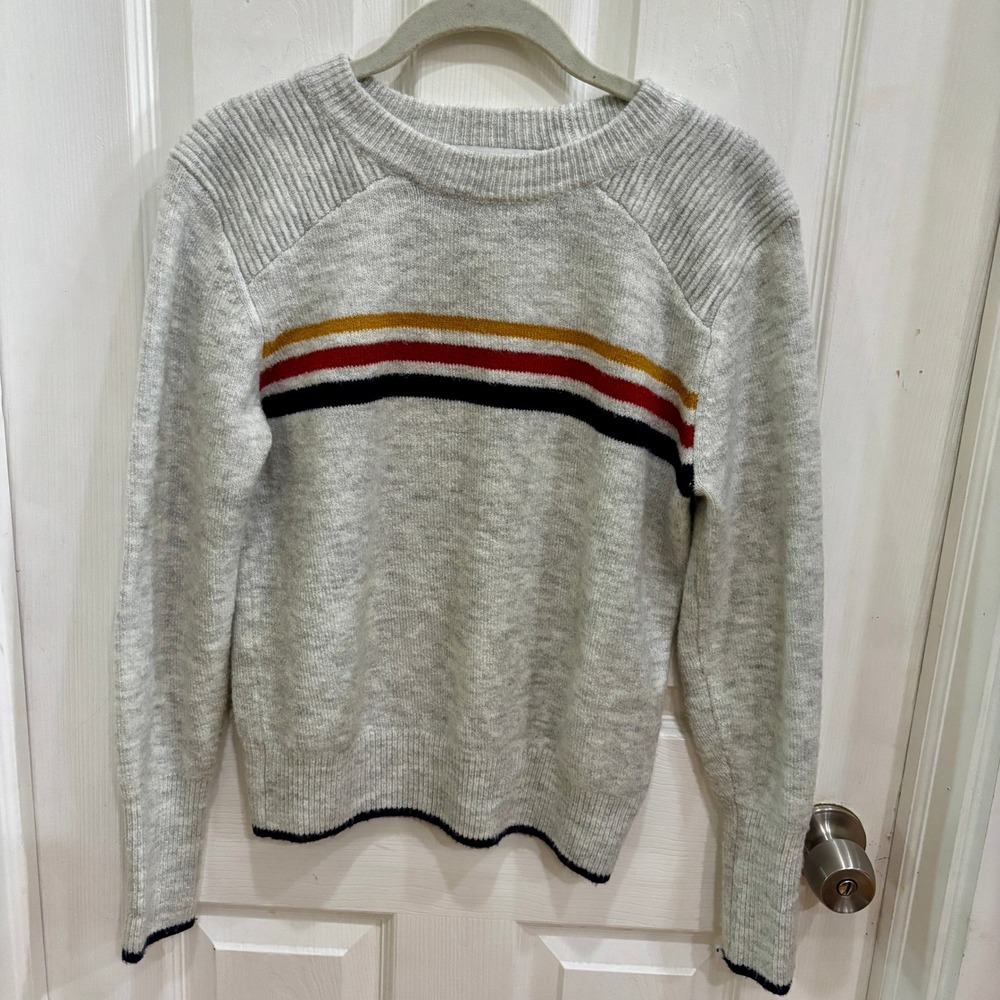 Cupcakes and Cashmere Womens Gray Striped Crewneck Sweater Button Cuff Small